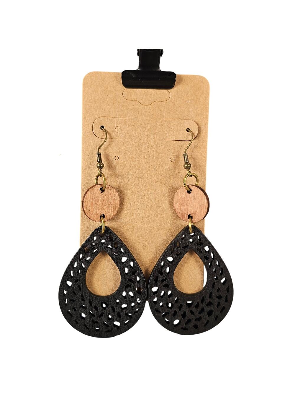 Boho Black Wooden Teardrop Dangle Earrings Cutout Pattern 2.3" Brown